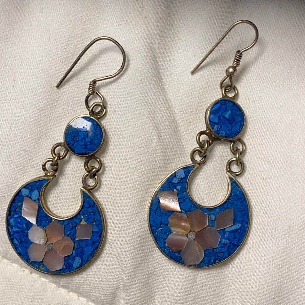 Genuine Lapis & mother of  Signed Alpoco Mexico Silver Mosaic  Flower Earrings